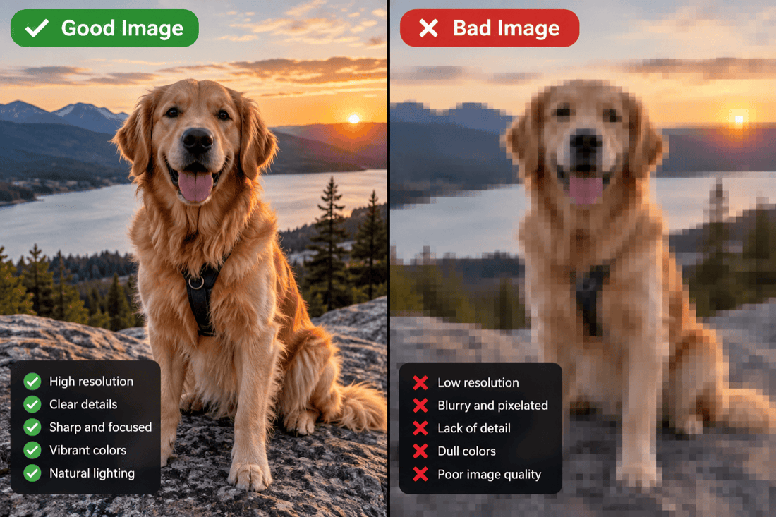 Side-by-side comparison of a good AI-generated image (high resolution, clear details, sharp focus, vibrant colors, natural lighting) versus a bad one (low resolution, blurry, pixelated, dull colors, poor overall quality)